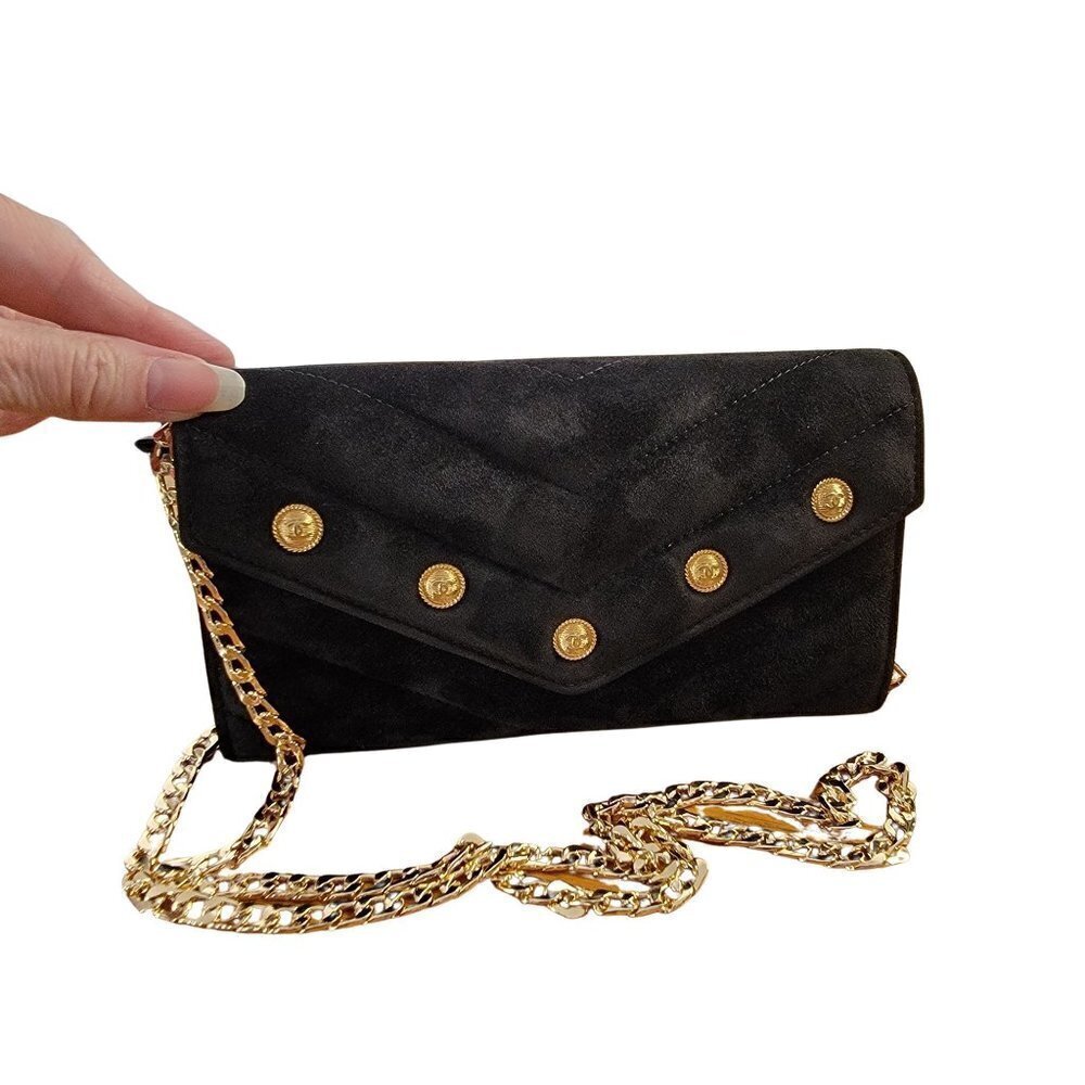 Authentic Chanel Paris-Hamburg CC Button Flap Wallet Chevron Suede Long